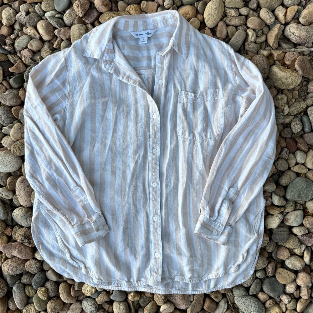 Old Navy Cream and White Striped Boyfriend Shirt